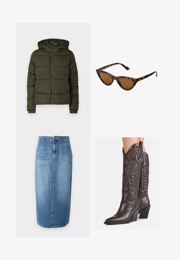 Giacca puffer verde oliva con cappuccio, chiusura con zip e tasche frontali. Presenta un design trapuntato e polsini a costine. Texture liscia.; Maglietta nera a maniche lunghe in pizzo testurizzato, caratterizzata da un collo a scollatura sagomata e un design aderente con una silhouette cropped.; Gonna a matita in denim azzurro chiaro con taglio dritto, chiusura con bottoni frontali e leggera sfumatura. L'orlo è appena sopra il ginocchio.; Stivali da cowboy in pelle marrone con punta affusolata e tacco a blocco, caratterizzati da dettagliati ricami e accenti rialzati sul gambale.; Occhiali da sole cat-eye con una montatura tartarugata nera e arancione, lenti marroni e punte affusolate e eleganti. Presentano un logo minimale sulla asta.; Borsa a mano in pelle nera con patta e dettaglio in metallo dorato. Include una tracolla nera e un design elegante e minimalista.