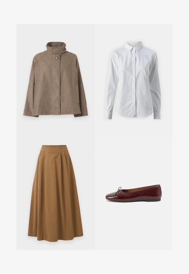 Casaco de lã castanho com gola alta, fecho de botão, mangas compridas e bolsos laterais, apresentado sobre um fundo simples.; Camisa branca de botão feita de algodão suave, com colarinho clássico, mangas longas e bainha curva. Os botões são pequenos e brancos.; Saia A-line de algodão castanho com cintura alta, apresentando pregas na parte da frente e uma textura suave. As bordas da bainha são limpas e simples.; Bailarinas em couro sintético borgonha com bico redondo, pequeno laço na frente e sola baixa em borracha preta. Textura suave.