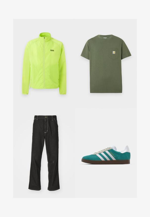 Casaco leve verde néon com fecho de correr à frente, gola alta e dois bolsos laterais. Apresenta um pequeno logótipo preto no lado esquerdo do peito.; T-shirt de algodão verde-oliva com decote redondo, mangas curtas e um bolso no peito com um patch do logo. Design limpo e minimalista.; Calças de ganga pretas de corte largo, com costuras brancas em contraste, fecho de botão e design de perna reta.; adidas Originals ADIDAS GAZELLE SHOES - Botas de futebol de salão - liverpool fc/sea green/footwear white