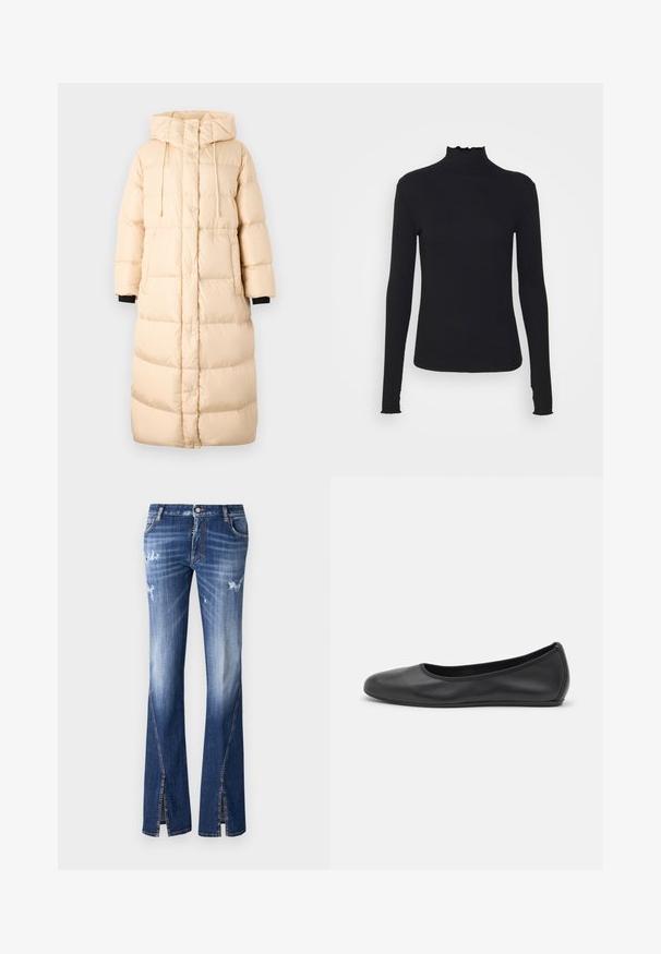 WEEKEND MaxMara DOLLY - Kabát z prachového peří - bianco avorio; Černý dlouhý rukáv rolák vyrobený z hladkého materiálu, s volánkovým límcem a přiléhavým střihem s jednoduchými okraji.; DSQUARED2 ICON TRUMPET - Široké džíny - blue denim; Černé kožené baletní byty s kulatou špičkou, hladkou texturou, minimálními švy a flexibilním designem podrážky.