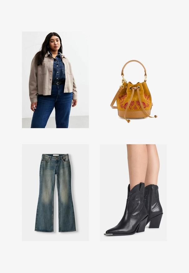 Szara zamszowa kurtka z zatrzaskami, dwiema przednimi kieszeniami, noszona na ciemnoniebieskiej koszuli dżinsowej, w zestawieniu z jeansami w kolorze niebieskim o wysokim stanie oraz czarnym paskiem.; Biała koszula z długim rękawem, z klasycznym kołnierzykiem, zapinana na guziki, wykonana z gładkiego materiału bawełnianego. Minimalistyczny design, bez wzorów i akcentów.; Niebieskie dżinsy w fasonie dzwonów z wyblakłym wykończeniem, pięcioma kieszeniami i zapięciem na guzik. Materiał ma fakturę dżinsu z subtelnymi detalami szycia.; Czarne skórzane botki za kostkę z pointed toe, zakrzywioną górą i bocznym zamkiem. Posiadają masywny obcas i subtelne detale przeszycia.; VENEZIA - Torebka