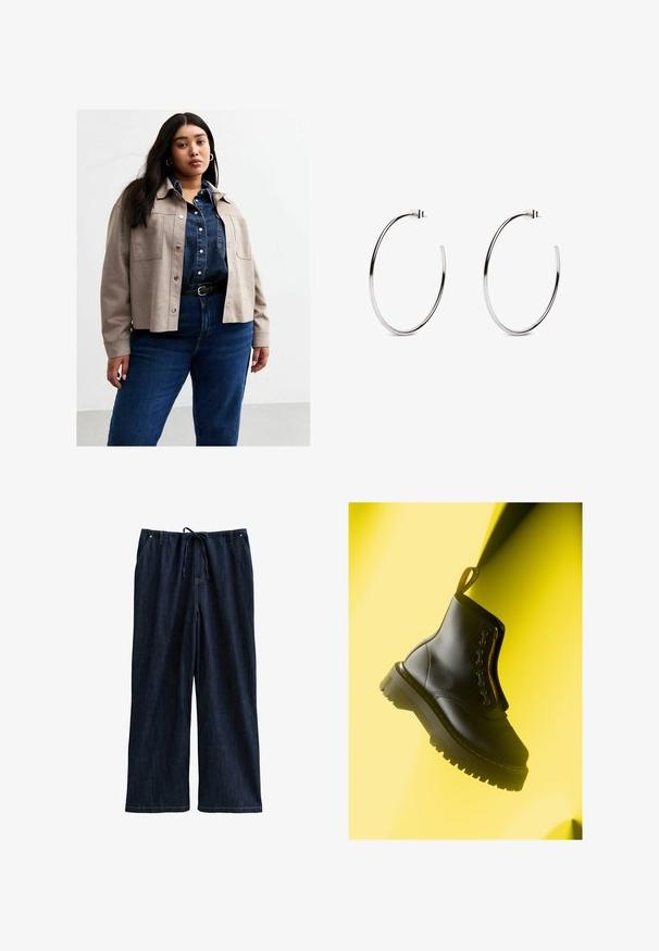 Szara zamszowa kurtka z zatrzaskami, dwiema przednimi kieszeniami, noszona na ciemnoniebieskiej koszuli dżinsowej, w zestawieniu z jeansami w kolorze niebieskim o wysokim stanie oraz czarnym paskiem.; Dwie koszulki z okrągłym dekoltem w kolorze czarnym i białym. Krótkie rękawy, wykonane z miękkiej tkaniny bawełnianej, proste cięcie z luźnym krojem.; Ciemnoniebieskie szerokie spodnie dżinsowe z elastycznym paskiem, zawierające dwie przednie kieszenie oraz gładką, mocną fakturę.; Czarne skórzane botki za kostkę z teksturowaną powierzchnią, suwakiem z boku i akcentami sznurowania, z grubą podeszwą i żółtym przeszyciem.; Srebrne kolczyki nausznikowe o minimalistycznym designie, z gładkim, okrągłym kształtem i polerowanym wykończeniem, zamocowane na zapięcie na szpilkę.