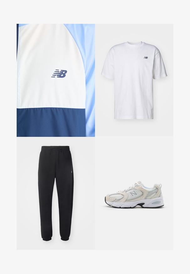 Bela in mornarsko modra športna jakna z svetlo modrimi rokavi, z majhnim črnim logotipom New Balance na prsih.; Bela kratka majica s kratkimi rokavi in ovratnikom, na kateri je majhen črni logotip New Balance na levem prsnem delu, na enobarvni podlagi.; Črne trenirke iz mehkega materiala z elastičnim pasom, vrvico in zoženimi manšetami, ki vsebujejo subtilen logotip na strani.; Atletski čevlji z lahkotnim sivim mrežastim zgornjim delom in usnjenimi poudarki, belimi vezalkami in črnim gumijastim podplatom. Opazna podrobnost ABZORB blaženja.