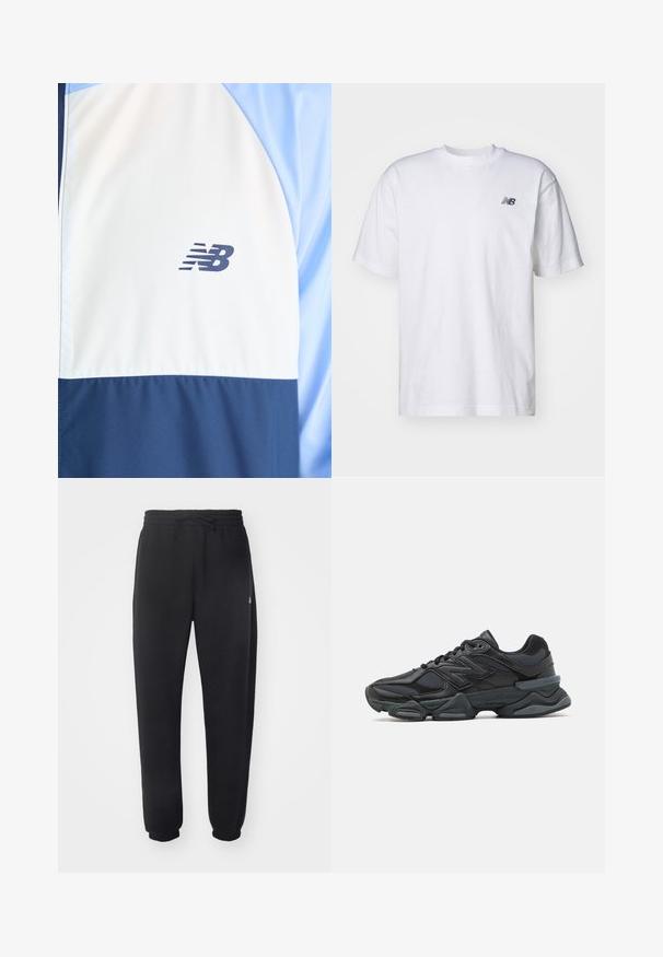 Hvit og marineblå sportjakke med lyseblå ermer, med en liten svart New Balance-logo på brystet.; Hvit kortermet T-skjorte med rund hals og liten svart New Balance-logo på venstre bryst mot en ensfarget bakgrunn.; Sorte joggebukser laget av mykt materiale med elastisk midje, snor og smale mansjetter, med en diskret logo på siden.; Svart løpesko med en blanding av mesh og syntetiske materialer, chunky såle, buet design og fremtredende merkevare på siden.