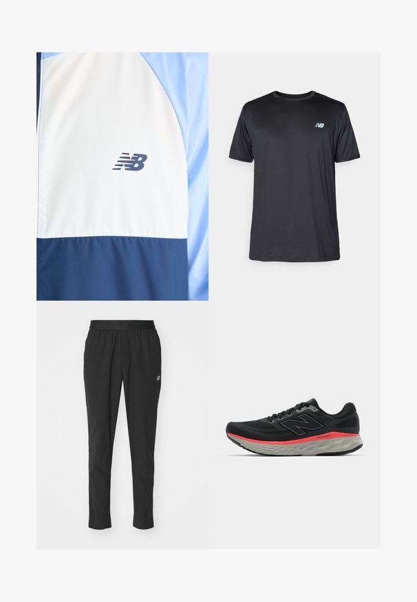 White and navy blue sports jacket with light blue sleeves, featuring a small black New Balance logo on the chest.; New Balance Sports T-shirt - black; Black athletic pants made of lightweight material with an elastic waistband, tapered design, and subtle logo detail on the side.; Black running shoe with mesh upper, accented by a pink midsole stripe and grey outsole. Features textured details and a flexible sole design.