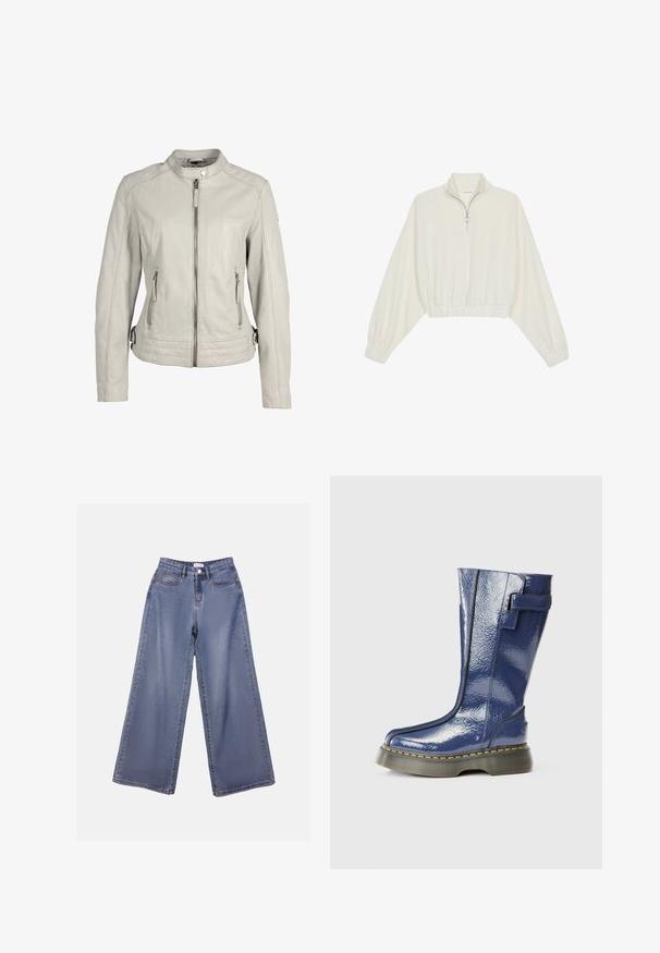 Helles graues Lederjacke mit einem Kragen, vorderem Reißverschluss und zwei mit Reißverschluss versehenen Taschen. Verfügt über gesteppten Akzente an der Taille.; Gerippter Pullover aus cremefarbener Baumwolle mit hohem Kragen, halbem Reißverschluss, elastischen Säumen und Bündchen, glatter Textur und minimalistischem Design.; Weite Denim-Jeans in einer hellblauen Wäsche, mit hoher Taille, Fronttaschen und einem Knopfverschluss mit Gürtelschlaufen.; Blaue, glänzende kniehohe Stiefel mit runder Zehenform, seitlichem Reißverschluss und vertikalen Nahtdetails. Verfügt über eine dicke, schwarze Plateausohle mit gelben Nähten.