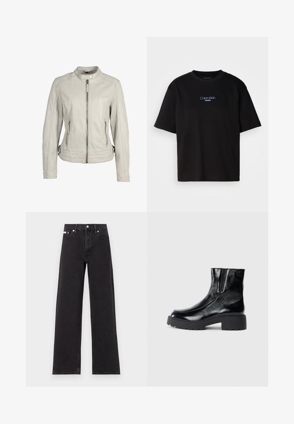 Lichtgrijze leren jas met een kraag, een ritssluiting aan de voorkant en twee ritszakken. Kenmerkt zich door gestikte accenten op de taille.; Zwart katoenen T-shirt met ronde hals, korte mouwen en blauw geborduurd "Calvin Klein JEANS" logo op de voorkant.; Zwarte wijde spijkerbroeken van denim, met een hoge taille, vijf-pocket stijl en een metalen knoopsluiting met contrasterende stiksels.; Zwarte enkellaarsjes met een glanzende lakleren afwerking, chunky zwarte rubberen zool en verhoogde hak; inclusief subtiele logo-detail aan de zijkant.