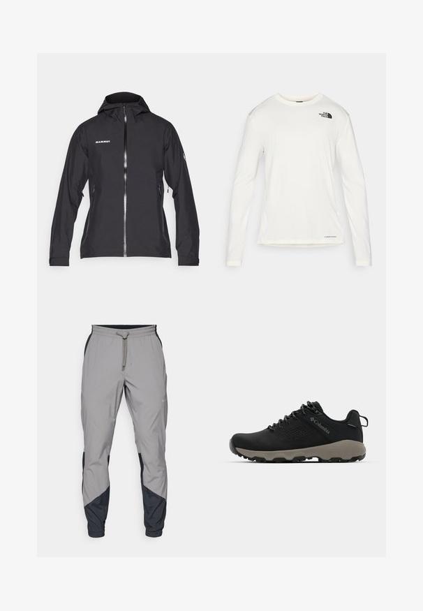 Černá voděodolná bunda Mammut se zipem vpředu, nastavitelnou kapucí, bočními kapsami na zip a logem na hrudi a rukávu.; Bílá dlouhá košile s dlouhým rukávem a kulatým výstřihem, texturovaná látka, černé logo na levém rameni a decentní branding na spodním lemu.; Lehké šedé sportovní kalhoty s černými detaily. Elastický pas, stahovací šňůrka, tapered nohavice a boční kapsy.; Černá turistická bota s hladkým svrškem, perforovaným designem, šedou podrážkou a zesíleným patou. Obsahuje tkaničky a poutko pro snadné obutí.