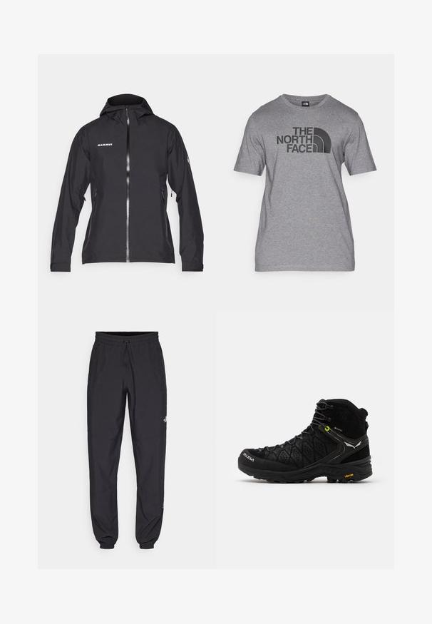 Giacca Mammut nera impermeabile con apertura a zip frontale, cappuccio regolabile, tasche laterali con zip e dettagli del logo sul petto e sulla manica.; T-shirt grigio a maniche corte in misto cotone, con una stampa grafica nera di "THE NORTH FACE" e un dettaglio del logo curvo sulla parte anteriore.; Pantaloni sportivi neri realizzati in tessuto leggero, con vita regolabile con cordino, tasche laterali e orli affusolati alle caviglie.; Stivale da escursionismo nero con parte superiore testurizzata, punta rinforzata e suola Vibram. Il sistema di allacciatura comprende ganci per una vestibilità sicura.