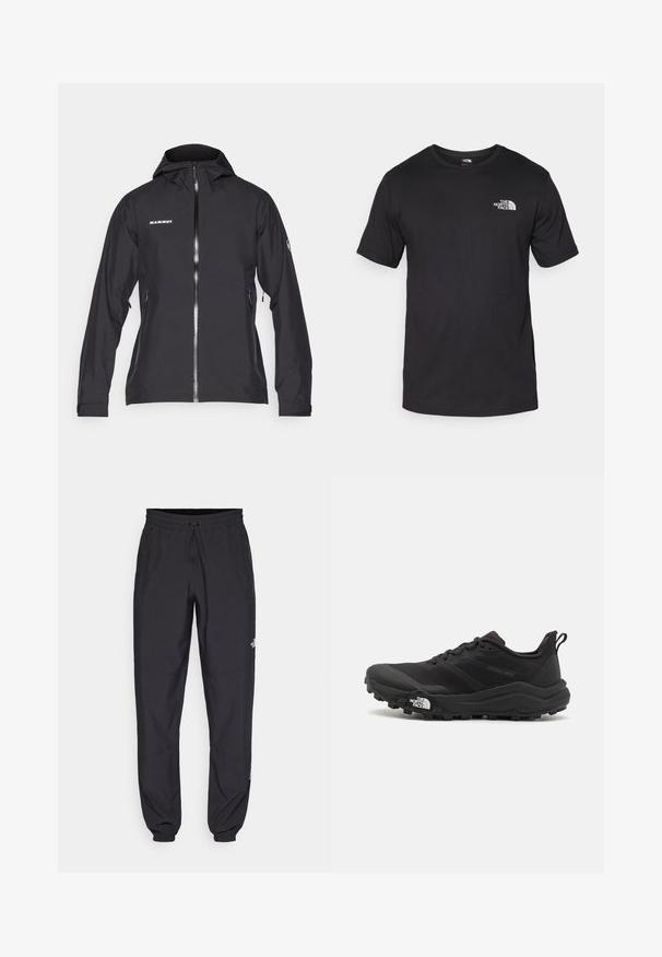 Veste noire imperméable Mammut avec fermeture éclair à l'avant, capuche réglable, poches latérales zippées et logo sur la poitrine et la manche.; T-shirt noir à manches courtes en coton, avec un col rond et un petit logo blanc sur le côté supérieur gauche de la poitrine.; Pantalon de sport noir en tissu léger, avec une taille à cordon, des poches latérales et des chevilles resserrées.; Chaussure de trail running noire avec une tige texturée, semelle en caoutchouc et bout renforcé. Présente un col rembourré et une tirette pour un enfilage facile.