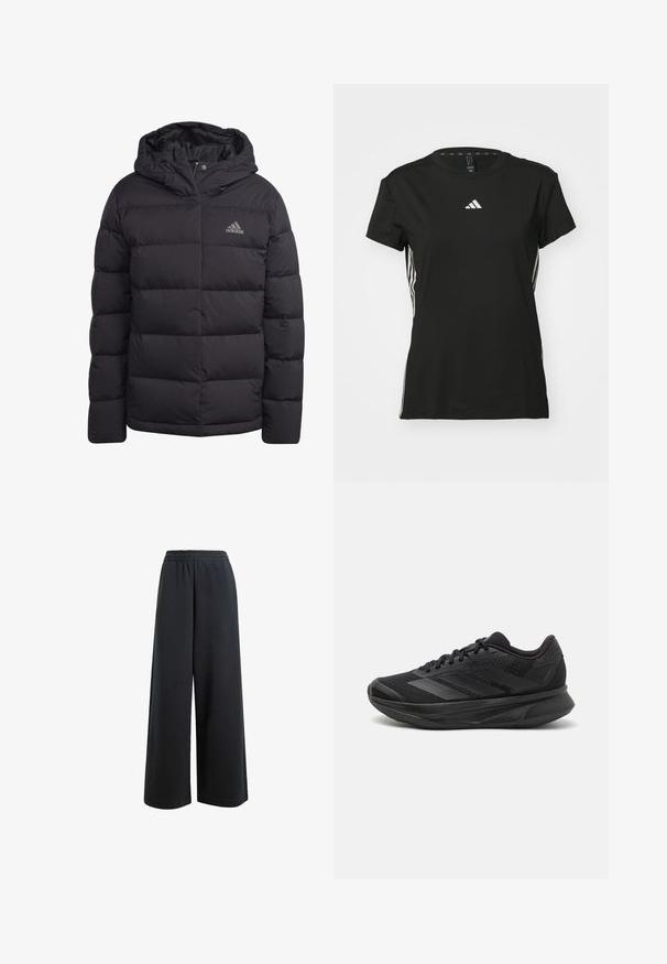 Black puffer jacket with a hood, featuring a padded design, a full front zip, and a small grey logo on the left chest. Soft texture.; Black athletic t-shirt with short sleeves, made of synthetic material. Features a small white logo on the chest and white stripes on the sides.; Black wide-leg trousers with an elastic waistband, made from a smooth fabric. Features a relaxed fit with no visible pockets or patterns.; Black running shoe with a breathable mesh upper, rounded toe, sleek design, textured accents, and a cushioned sole for comfort.