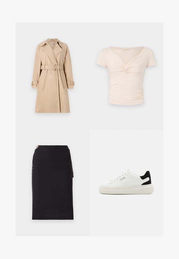 Beež mantel sile sisepinnaga, millel on vöökoha rihm, laiad kraed ja nööpidega mansetid. Kahel esiküljel on taskud.; Heledad beež pluus lühikeste varrukatega, V-kaelusega ja esise keerdumise detailiga, külgedel kogutud tekstuuriga, et saavutada keha lähedane mudel.; Must värvi pliiatsiseelik, millel on drapeeritud esiosakujundus ja dekoratiivne metallikaktsent vööl. Valmistatud venivast kangast.; Valged nahast tennisetossud paksu valge tallaga, musta sametist kontsakeeuga ja külje peal riigilogo reljeefne kujundus. Lukkeskeem kuue silmaauguga.