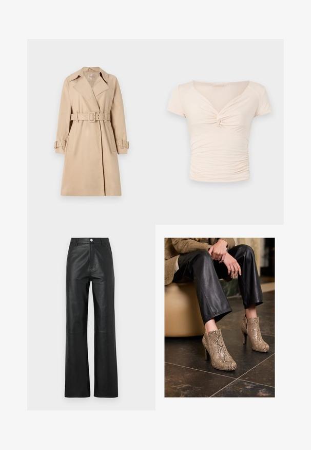 Bež trench kaput napravljen od glatkog materijala, sa pojasom u struku, širokim reverima i dugmadima na manžetama. Uključena su dva prednja džepa.; Svijetlosmeđi kratki rukavi top s V-izrezom i zavojnim detaljem sprijeda, s nabranošću duž strana za prilagođeni izgled.; Crne kožne hlače s glatkom teksturom, širokim krojem, prednjim dugmetom za zatvaranje i suptilnim detaljima šivanja.; Osoba koja nosi crne kožne hlače i bež čizme s uzorkom zmijske kože s visokom petom, sjedi na bež sjedalu unutra.