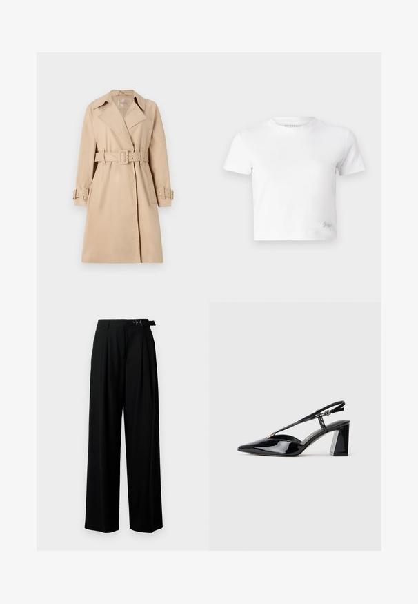 Bež trench kaput napravljen od glatkog materijala, sa pojasom u struku, širokim reverima i dugmadima na manžetama. Uključena su dva prednja džepa.; Bijela skraćena majica izrađena od glatkog pamuka, s visokim izrezom i kratkim rukavima. Mali izvezeni logo u donjem kutu.; Crne široke hlače s visokim strukom, nabranima sprijeda i remenom s kopčom. Izrađene od glatkog, laganog materijala.; Crne lakirane kožne cipele s otvorenom petom, visoke potpetice, šiljastog prsta, podesivom trakom i debelim pravokutnim potplatom.
