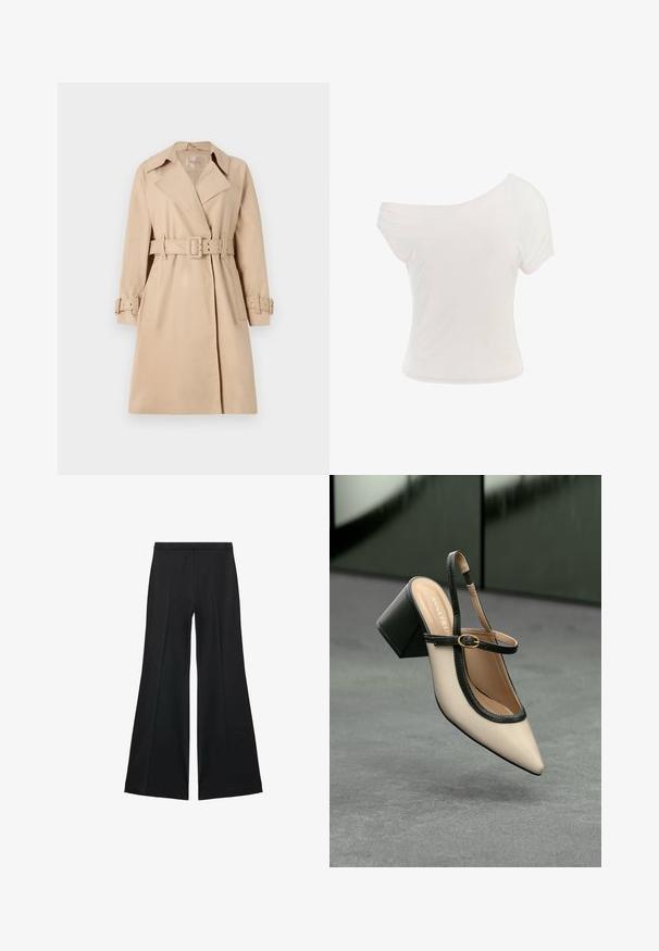 Bež trench kaput napravljen od glatkog materijala, sa pojasom u struku, širokim reverima i dugmadima na manžetama. Uključena su dva prednja džepa.; Bijela majica s otvorenim ramenima od mekanog, laganog materijala. Kratki rukavi, prilagođen oblik i porub s uvijenim detaljem. Glatka tekstura.; Crne široke hlače s glatkom teksturom, koje imaju prednje nabore i kroj po mjeri. Tkanina je lagana i lepršava.; Bež cipele s otvorenom petom i šiljastim vrhom, crnim obrubom, zlatnom kopčom i debelim blok-petom na sivom podu s tamnozelenom pozadinom.
