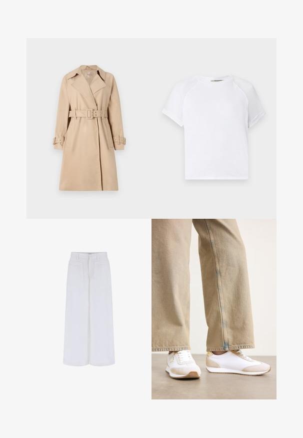 Beige Trenchcoat aus glattem Stoff, mit tailliertem Gürtel, breiten Revers und knöpfbaren Manschetten. Zwei Fronttaschen sind enthalten.; Weißes Baumwoll-T-Shirt mit Rundhalsausschnitt, kurzen Raglanärmeln und lockerer Passform. Glatte Textur ohne sichtbare Muster oder Akzente.; Weiße weite Hosen mit glatter Textur, ausgestattet mit zwei vorderen Taschen und einem Knopfverschluss, entworfen für einen lässigen Sitz.; Weiße Sneakers mit beigen Wildlederakzenten, flacher Schnürung und Gummisohle, kombiniert mit hellbeigen Jeans im geraden Schnitt.
