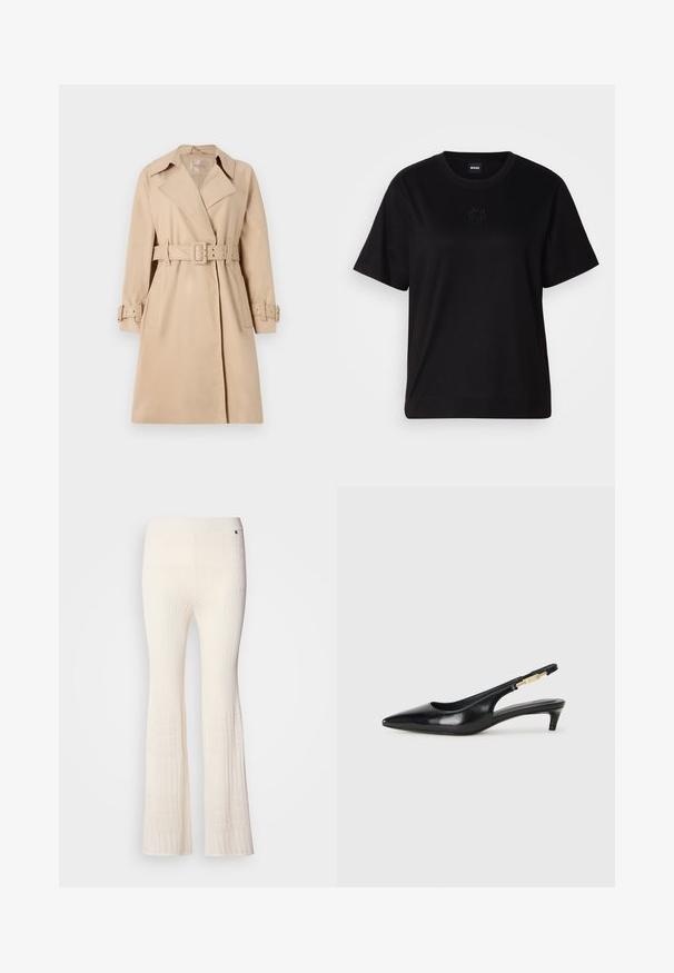 Krémszínű esőkabát sima anyagból, övvel a deréknál, széles gallérral és gombos mandzsettával. Két elülső zseb található rajta.; Fekete pamut póló kerek nyakkivágással, rövid ujjakkal és hímzett logóval a mellkasán. Egyszerű, laza szabás, minta nélkül.; Csíkozott, krémszínű kötött nadrág, amelynek a lába lejjebb szélesedik, és texturált csipkeminta díszíti az alját. Puha anyag, és passzos derékpántta rendelkezik.; Fekete bőr slingback magassarkúk, hegyes orral, vékony sarkakkal és arany színű részlettel a állítható pánton. Simа felület.