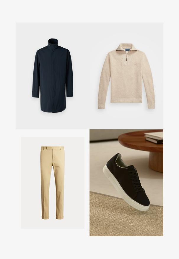 Tumesinine tuulejakken, millel on kõrge krae, topelt-nupuga kinnitamine, pikad varrukad ja küljetaskud. Valmistatud kergest, veekindlast kangast.; Beež, tekstureeritud sviiter, millel on lukuga kaelus. Omab soonikuid mansette ja alla, samuti väikest brodüüri logot rinnal.; Khaki chinos, mis valmistatud siledast puuvillakangast, omavad kätkiva disaini, ees pleate ning pahkluul soonikuga, mis lisab kitsendatud ilmet.; Mustad musta tossuga valge tallaga, mis hõljub beeži tekstuuriga vaiba kohal, ümaral puidust laual, mille peal on kokku virnastatud raamatud.