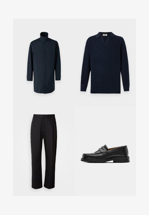 Námorní větrný kabát s vysokým límcem, dvouřadovým zapínáním, dlouhými rukávy a bočními kapsami. Vyrobeno z lehkého, voděodolného materiálu.; Námořnický žebrovaný svetr s výstřihem do V, krátkým límcem a dlouhými rukávy. Vyrobeno z měkkého materiálu s texturovaným povrchem.; Černé kalhoty s rovnými nohavicemi, vyrobené z lehké tkaniny. Mají přední zapínání na knoflík a dvě boční kapsy; hladká textura.; Černé kožené mokasíny mají zvýšený šev, dvě dekorativní pásky na svršku a silnou strukturovanou podrážku pro lepší přilnavost.