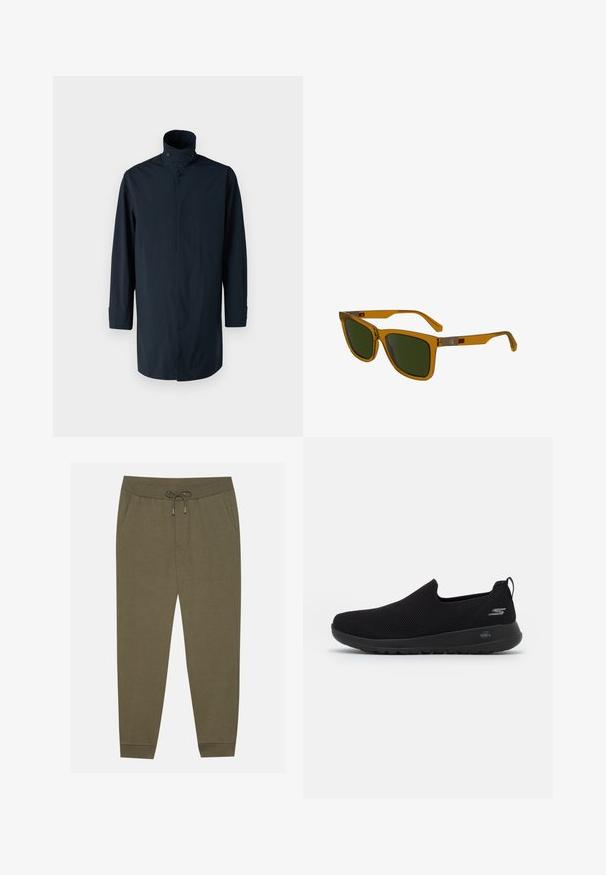 Jūrų mėlynumo vėjo striukė su aukštu apykakle, dvigubu mygtukų užsegimu, ilgomis rankovėmis ir šoninėmis kišenėmis. Pagaminta iš lengvos, vandeniui atsparios medžiagos.; Vyriški flaneliniai marškiniai juodos ir kreminės spalvos, su klasikiniu langelių raštu, sagomis užsegamu apykakliu ir ilgomis rankovėmis su sagomis apnuogintais rankogaliais.; Aliejinės žalios spalvos sportinės kelnės su elastinga juosta, raišteliu, šoninėmis kišenėmis ir siaurėjančiomis kojomis. Pagamintos iš minkštos medžiagos su lygiu paviršiumi.; Juodas slip-on tipo sportinis batelis su orui pralaidžia viršutine dalimi, apvaliu pirštu ir paminkštintu guminio pado. Šone yra logotipas.; Rudi permatomi saulės akiniai su žaliais lęšiais, stačiakampio formos, šiek tiek kampuotos šventyklos ir sidabrinės spalvos metaliniai akcentai ant rankenų.