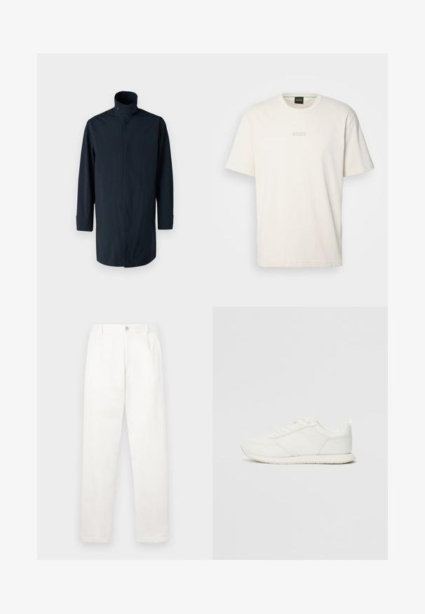 Casaco corta-vento azul-marinho com gola alta, fecho de botão duplo, mangas longas e bolsos laterais. Feito de tecido leve e resistente à água.; BOSS TEE - T-shirt básica - open white; Calças brancas feitas de um tecido suave, com um design de perna reta, pregas frontais e um fecho de botão único na cintura.; Sapatilha branca com parte superior em malha e sintético, bico arredondado, atacadores planos e uma faixa lateral texturizada. Sola em borracha com uma alça na parte de trás.