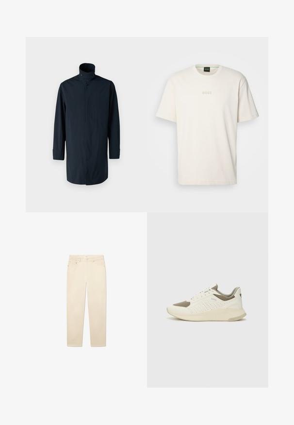 Jūrų mėlynumo vėjo striukė su aukštu apykakle, dvigubu mygtukų užsegimu, ilgomis rankovėmis ir šoninėmis kišenėmis. Pagaminta iš lengvos, vandeniui atsparios medžiagos.; BOSS TEE - Paprasti marškinėliai - open white; Balti kreminiai džinsai su tiesiu kirpimu, turintys penkis kišenes, užsegimą su mygtuku ir užtrauktuku bei subtilius siuvinėjimo akcentus.; Baltas ir šviesiai bežinis sportinis kedas, su tinklo viršumi, perforuotais detalėmis ir tekstūruotu tarpine su logotipu ant kulno.