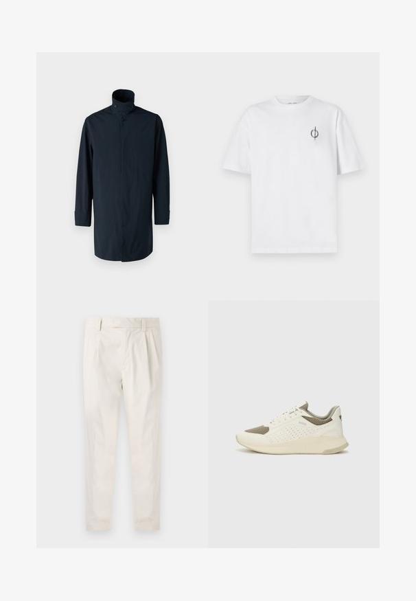 Jūrų mėlynumo vėjo striukė su aukštu apykakle, dvigubu mygtukų užsegimu, ilgomis rankovėmis ir šoninėmis kišenėmis. Pagaminta iš lengvos, vandeniui atsparios medžiagos.; Balta medvilninė marškinė su laisvu siluetu, su mažą juodą grafiką logotipą kairėje krūtinės pusėje. Trumpomis rankovėmis, apvaliu kaklu.; Balti, susiūtos kelnes, turinčios pritaikytą siluetą, pasižyminčias lygia tekstūra, dirželio kilpomis ir siaurėjančiomis kojomis. Nėra matomų kišenių ar raštų.; Baltas ir šviesiai bežinis sportinis kedas, su tinklo viršumi, perforuotais detalėmis ir tekstūruotu tarpine su logotipu ant kulno.