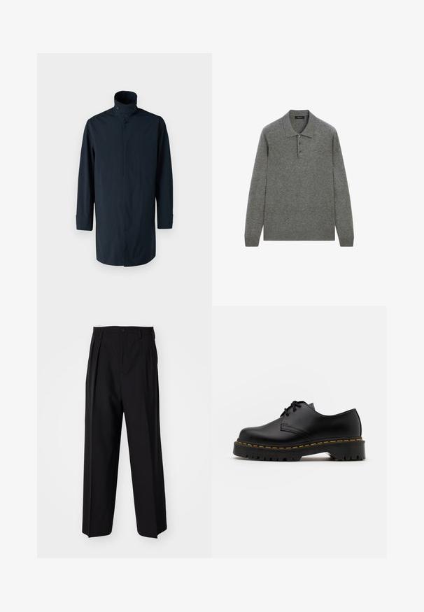 Marinblå vindjacka med hög krage, dubbelknappstängning, långa ärmar och sidofickor. Tillverkad av lätt, vattentåligt material.; Grå långärmad polo skjorta gjord av ett mjukt tyg, med en klassisk krage och tre knappsläpp fram.; Svarta plisserade byxor med en rak, bred bendesign. Tillverkade av ett slätt tyg, med knäppning fram och bälteshällor.; Svart läder snörsko med rundad tå, texturerad gummisula och gul söm runt basen. Platt design och slät yta.