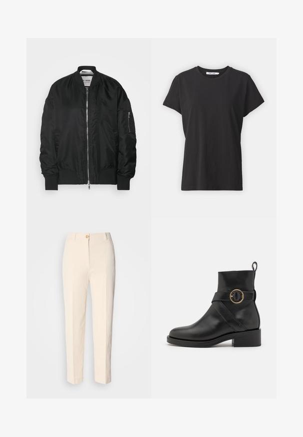 Veste bomber noire en tissu brillant et lisse. Dotée d'une fermeture éclair à l'avant, de poignets côtelés et de plusieurs poches fonctionnelles. Design simple.; T-shirt en coton noir avec un col rond classique, des manches courtes et une coupe décontractée. Texture lisse, sans motifs ni accents visibles.; Pantalons taille haute couleur crème en tissu texturé. Dotés d'une fermeture à bouton à l'avant et de jambes fuselées.; BOSS IRYNA BOOTIE - Bottines à plateau - black