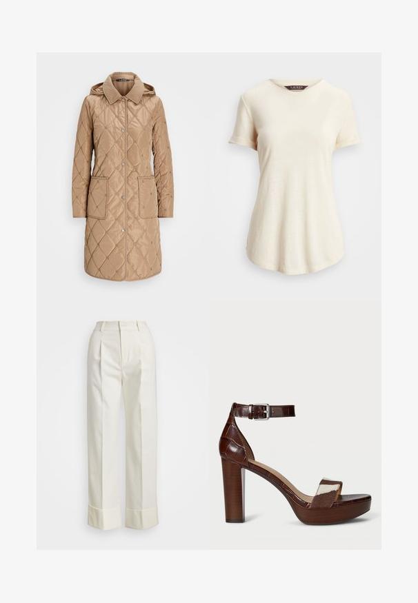 Šviesiai rudas siuvinėtas paltas su gobtuvu, turi veliūrinę apykaklę, spaustukus ir dvi priekines kišenes. Lygi tekstūra su deimanto raštu.; Kremo spalvos trumpa rankovė marškinėliai su apvalia iškirpte. Minkšta tekstūra ir laisvas siluetas, turintys sukurtas rankovės kraštus ir šiek tiek išlenktą apačią.; Baltos pritaikytos kelnės su aukštu liemeniu, dvigubomis priekinėmis raukšlėmis ir plačiomis kojomis su sulenktais kraštais. Pagamintos iš glotnaus, tekstūruoto audinio.; Rudas krokodilo rašto odos aukštakulnis sandažas su audiniu juostele. Yra platus blokinis kulnas ir kulkšnies juostelė su sidabriniu sagtimi. Textūruota platforma.