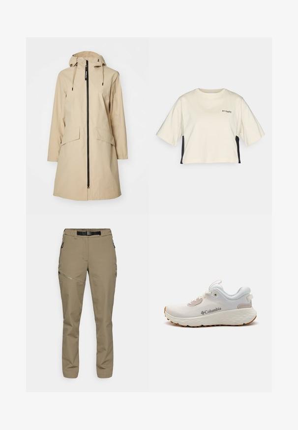 Bezs színű esőkabát kapucnival, hosszú ujjakkal, elől cipzárral és két nagy elülső zsebbel. A kapucnija állítható zsinórokkal rendelkezik.; Krém színű, rövid fazonú póló, kerek nyakkal és rövid ujjakkal, fekete oldalsávokkal; kis fekete logóval a mellen.; Khaki színű kültéri nadrág, rugalmas derékkal és fekete övvel. Az oldalsó cipzáros zsebekkel és sima, texturált anyaggal rendelkezik.; Könnyű Columbia sportcipő fehér hálóból, texturált szürke talppal és gumis csúszásmentes betéttel. Jellemzője a párnázott gallér és a fűzős kialakítás.