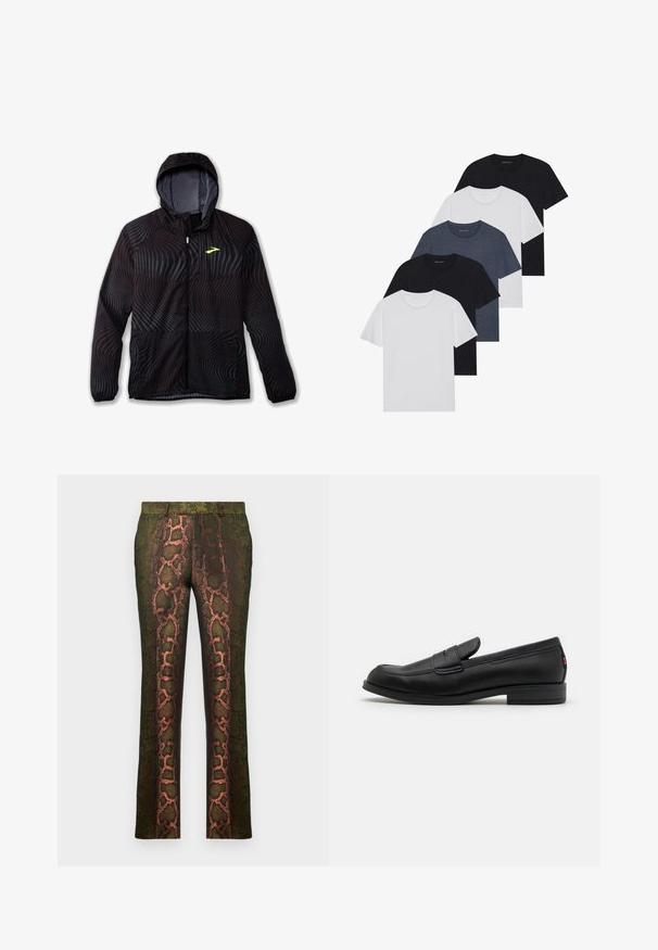 Brooks CANOPY - Veste de running - surge; Ensemble de cinq t-shirts en noir, blanc et bleu marine. Tissu en coton, manches courtes, design col rond et texture unie sans motifs.; Pantalons à motifs verts présentant un design imprimé de serpent avec des nuances de marron et d'orange, coupe droite et texture lisse.; Mocassins en cuir noir avec une finition lisse, un bout arrondi et une petite flèche décorative. Dotés d'un petit talon empilé et d'un détail de marque subtil.