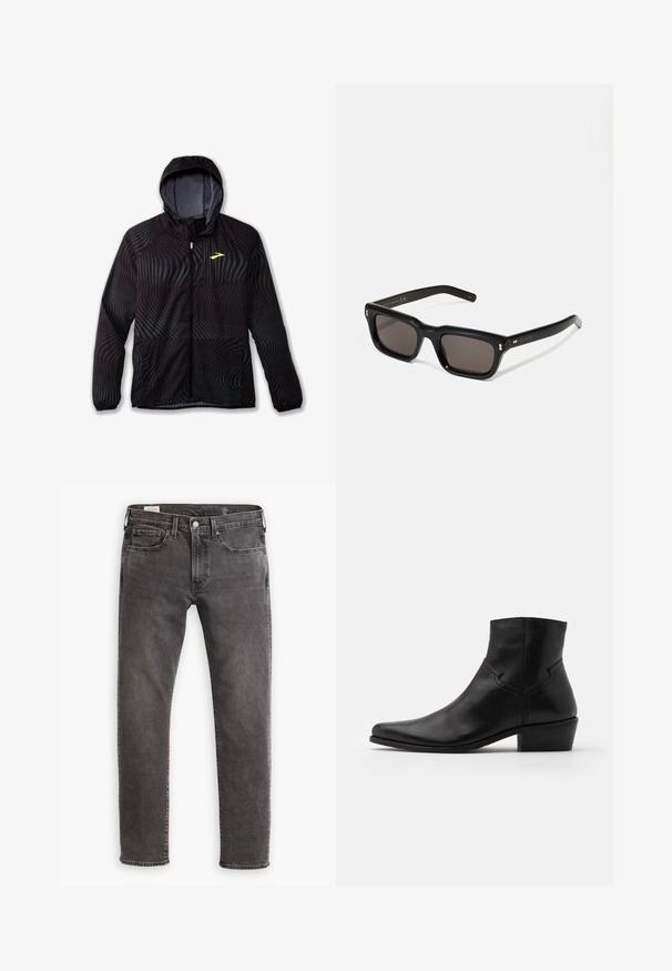 Brooks CANOPY - Running jacket - surge; Long-sleeve white t-shirt made of soft cotton. Crew neckline with straight cut hems and no visible patterns or graphics.; Gray denim jeans with a straight cut, five-pocket design, and a button fly. Features subtle fading and tonal stitching throughout.; Black leather ankle boot with a pointed toe, minimal stitching details, a mid-height block heel, and a smooth, polished finish.; Black rectangular sunglasses with dark lenses, thick plastic frame, gold accents on temples, and brand logo engraved on the arm.; Black leather crossbody bag with textured surface, flap closure, and adjustable strap. Features embossed "MARNI" logo in silver.