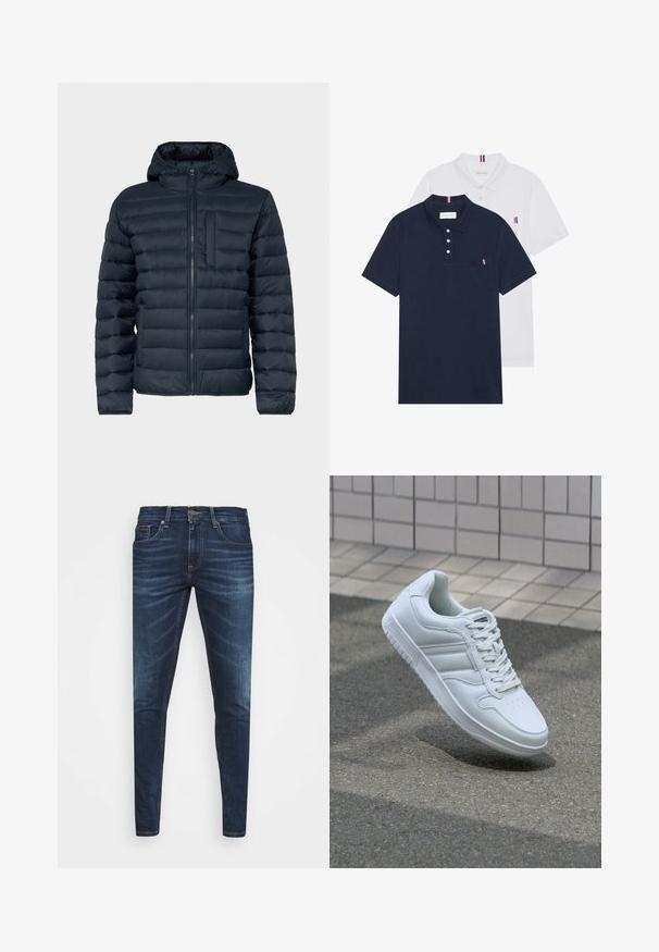 Jūrinis pūkinis švarkas su gobtuvu, su horizontaliais siūlais ir užtrauktuku užsegama priekinė kišenė. Lygus paviršius su lengvu izoliavimu.; Du keturių marškiniai: vienas tamsiai mėlynas ir vienas baltas, abu su mažais raudonais, baltais ir mėlynais akcentais ant krūtinės kišenės ir apykaklės.; Tamsiai mėlynos džinsinės kelnės su liesu siluetu, subtiliu nusidėvėjimu, penkiomis kišenėmis ir metaliniu mygtuku užsegimui. Įsiūtos akcentai kontrastinga spalva.; Baltos sportinės kedai su lygaus odos viršumi, raišteliais priekyje, perforuotu kojų pirštu ir raštuotu padu. Minimalistinis dizainas su trimis šoninėmis juostelėmis.