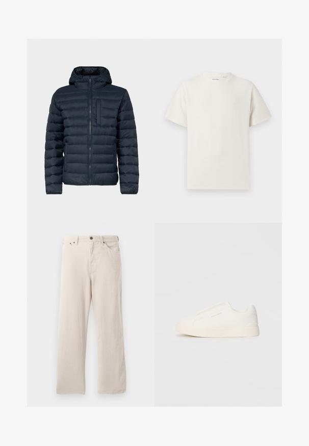 Marineblå pufferjakke med hette, med horisontale sømmer og en glidelåslomme foran. Glatt tekstur med lett isolasjon.; Hvit T-skjorte med kort erm i ribbestrikket tekstur. Rund hals, avslappet passform, ingen synlige mønstre eller detaljer. Enkelt og allsidig design.; Beige kordfløyelsbukser med rett snitt, med ribbet tekstur, fem-lomme design og knappestolpe.; Hvite slip-on joggesko med teksturert overflate, tykk såle og minimalistisk design. Har merkevarelogo på siden.