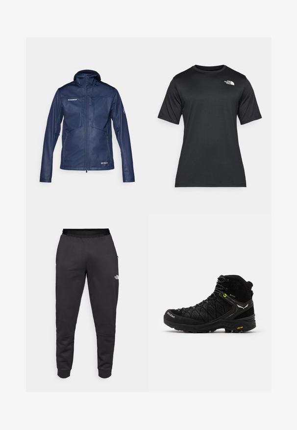 Giacca softshell blu navy con colletto alto e zip frontale completa. Presenta tasche con zip, dettagli con logo e una texture leggera e liscia.; T-shirt nero a maniche corte realizzato in tessuto leggero e traspirante. Presenta un logo bianco sul lato sinistro del petto e un collo a giro.; Pantaloni della tuta neri realizzati in tessuto liscio, con un design affusolato, vita elasticizzata e dettaglio del logo sulla gamba destra.; Stivale da escursionismo nero con parte superiore testurizzata, punta rinforzata e suola Vibram. Il sistema di allacciatura comprende ganci per una vestibilità sicura.