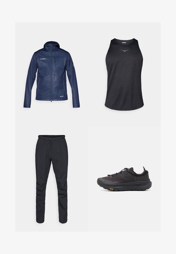 Casaco softshell azul-marinho com colarinho alto e fecho frontal completo. Apresenta bolsos com fecho, detalhes de logotipo e uma textura leve e suave.; Top desportivo preto sem mangas, feito de tecido respirável, com decote redondo e um logótipo refletor em destaque no peito.; Calças leves pretas com um cós elástico, fecho por cordão e pernas ajustadas. Feitas de material resistente à água com uma textura suave.; Sapatilha de trail running preta com um acabamento texturizado, apresentando uma entressola elevada, fecho com atacadores e sola Vibram para melhor aderência.