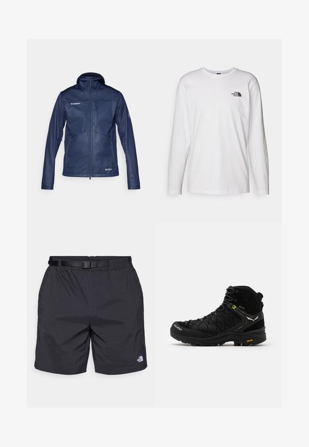 Jachetă softshell navy cu guler înalt și fermoar complet pe față. Dispune de buzunare cu fermoar, detalii cu logo și o textură ușoară și netedă.; Tricou alb cu maneci lungi, fabricat din bumbac, cu guler rotund. Prezintă un mic logo negru pe piept. Textură netedă, croi obișnuit.; Pantaloni scurți ușori, de culoare neagră, cu o croială relaxată, având o curea ajustabilă, buzunare laterale și logo-ul North Face pe partea inferioară a piciorului drept.; Botană de drumeție neagră, cu un material superior texturat, vârful întărit și talpa Vibram. Sistemul de șirete include cârlige pentru o fixare sigură.