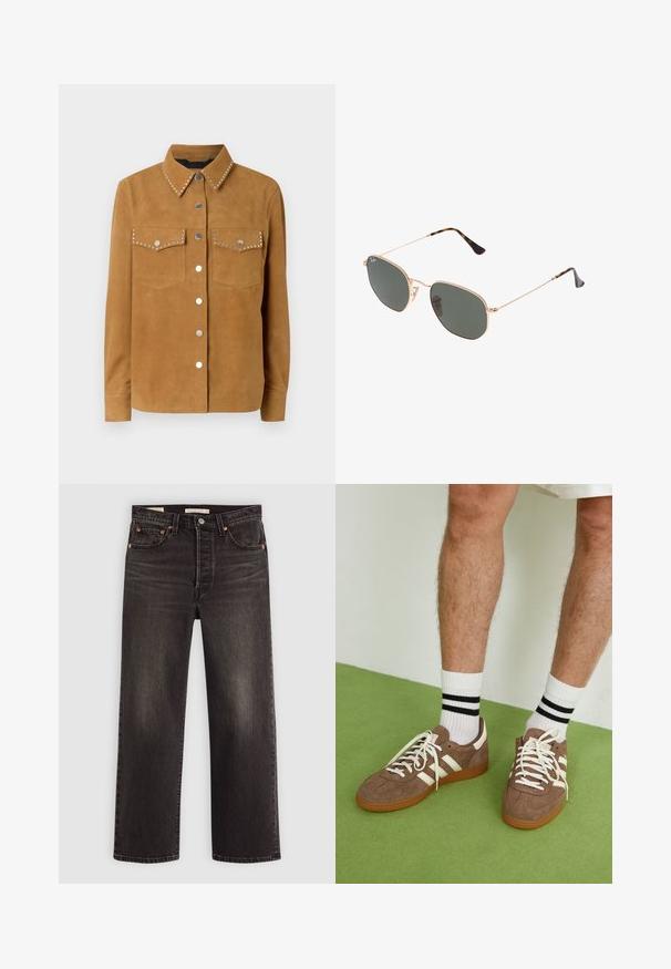 Hnědá semišová košile s náprsními kapsami a stříbrnými cvočky kolem límce, s knoflíkovým zapínáním a dlouhými rukávy.; Bílý dlouhý rukávový top s širokým výstřihem, bočními rozparky a hladkým, lehkým materiálem, který má jednoduchý, minimalistický design.; Černé džíny z denimu se středním střihem. Obsahují měděné nýty a kapsy. Hladká textura a mírně vybledlý povrch.; Hnědé semišové tenisky s bílými akcenty a tkaničkami. Gumová podrážka. Nošeny s bílými ponožkami s černými pruhy. Zelená strukturovaná podlaha.; Sluneční brýle s kovovým zlatým rámem a tmavě zelenými skly, styl aviatorek, s úzkými obroučkami a želvovinovými akcenty na špičkách.; Svetr v pleteném vzoru světle hnědé barvy, s texturovaným vzorem, žebrovanými konci a malým logem blízko spodního okraje. Měkká, teplá tkanina.