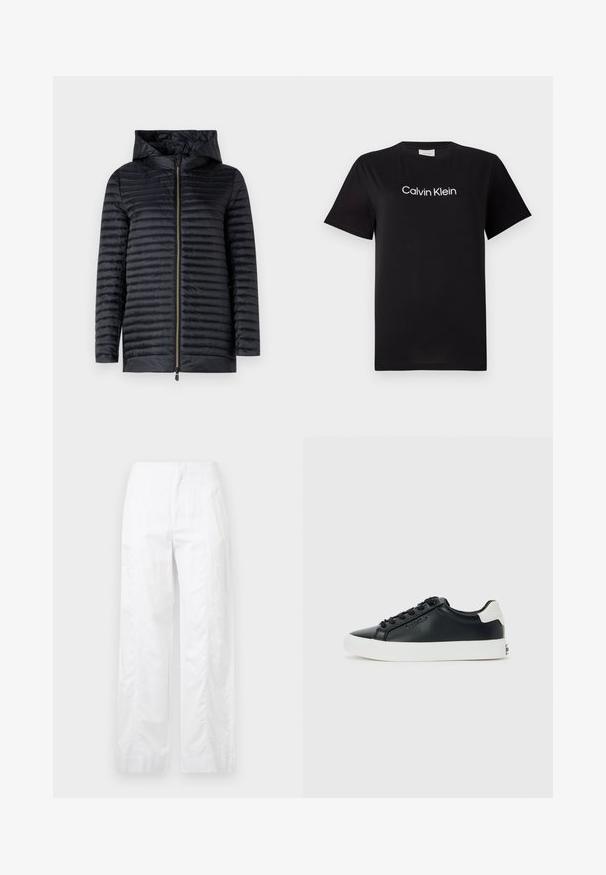 Črna podložena jakna s kapuco, ki ima poln zadrgo, prešito teksturo in poenostavljen dizajn. Lahka in vodoodporna material.; Črna bombažna majica s kratkimi rokavi, z belim logotipom "Calvin Klein" natisnjenim čez prsa. Klasična zasnova s krožnim izrezom.; Bela široka hlače iz lahkega materiala, ki se ponašajo z gladko teksturo, čistimi linijami in visokim pasom.; Črne nizke teniske z belim podplatom in petno, črnimi vezalkami ter subtilnim logotipom Calvin Klein na strani, prikazane na enostavni podlagi.
