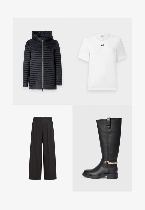 Juodas pūkuotas švarkas su gobtuvu, su visišku užtrauktuku, siuvinėta tekstūra ir patogiu dizainu. Lengvas ir vandeniui atsparus audinys.; Baltas medvilninis marškinėliai su trumpomis rankovėmis, su mažo juodo grafikos dizaino atvaizdu - veidu su širdelėmis akyse ir tiesia burna krūtinėje.; Juodi plačių kojų kelnių su aukštu liemeniu, su priekinėmis raukšlėmis ir lygiu paviršiumi. Pagaminta iš lengvos medžiagos.; Juodai oda iki kelių batų su tekstūruotu paviršiumi, su dekoratyvia auksine grandine ir plokščiu guminio pado.