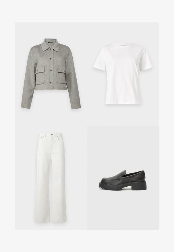 Repeat COAT - Vinterjakker - grey; Hvid bomulds t-shirt med korte ærmer, rund halsudskæring og en afslappet pasform. Glat tekstur, ingen mønstre eller accenter, minimalistisk design.; Samsøe Samsøe SHELLY - Jeans Relaxed Fit - clear cream; Sorte læder loafers med rund tå, tyk tekstureret sål og minimale syninger. Elegant design uden synlige snørebånd eller hardware.