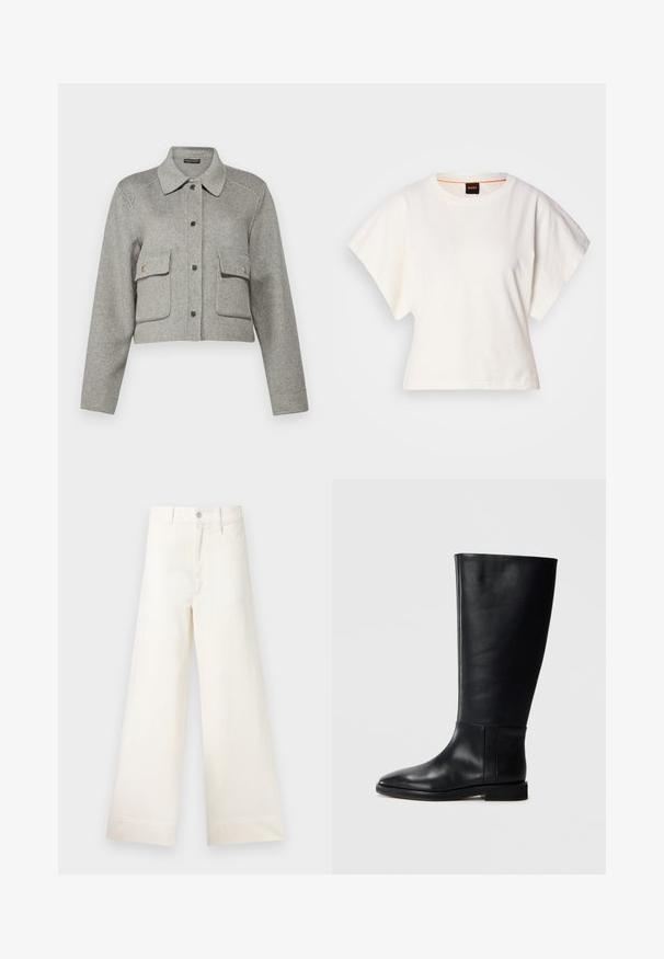 Repeat COAT - Talvejope - grey; Valge lühikeste laiadte varrukatega lühike T-särk, pehme puuvillane materjal, ümar kaelus kergelt oranži ääristusega, minimaalne disain, ilma mustrite ja graafikateta.; Laiad püksid heleses puuvillas. Omavad kõrget vööd, ees on taskud ja sirge lõige. Puhtad ääred ilma mustriteta.; Mustadast mustad nahast põlve kõrgus kingad, ümarate varvastega, siledast tekstuurist, minimalistlikus disainis ja lame tallaga. Lihtsad õmbluse detailid varrel.