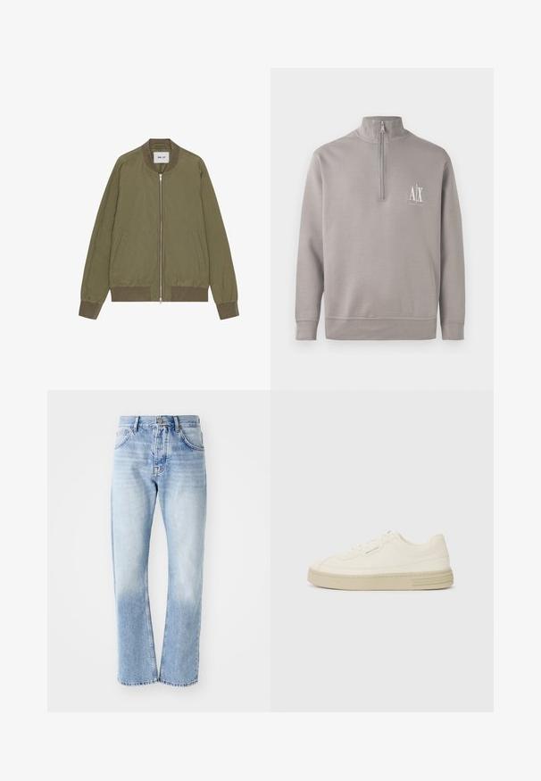 NN.07 DIXON - Bombertakki - capers; Vaaleanharmaa neljännesvetoketjupullove, joka on valmistettu pehmeästä materiaalista. Siinä on pieni valkoinen logo rinnassa sekä joustavat hihansuut ja helma.; Vaanit vaaleansinisistä farkuista, joissa on suora lahje. Varustettu viiden taskun suunnittelulla, nappisuljenta ja haalistunut pinta alareunassa.; Valkoiset kangastennarit, joissa on tekstuurilla varustettu kumipohja, ommeltu varvastuppi ja logo-aksentti kantapäässä. Yksinkertainen nauhakiinnitys.