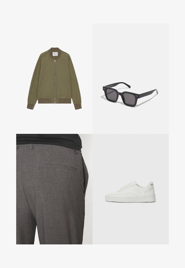 NN.07 DIXON - Giubbotto Bomber - capers; Pullover grigio a maglia con colletto, tre bottoni frontali e orlo a costine. Il tessuto sembra morbido e strutturato, con una vestibilità rilassata.; T-shirt bianca in cotone con maniche corte, scollo rotondo e vestibilità comoda. Presenta un piccolo etichetta laterale del marchio. Texture liscia.; Pantaloni grigi su misura con una texture liscia, dotati di una sola tasca posteriore e un design slim fit. Il tessuto presenta un motivo sottile.; Sneaker in pelle bianca con una finitura liscia, punta rotonda, lacci piatti e suola testurizzata. Presenta un logo discreto sul tallone.; Occhiali da sole neri rettangolari con lenti scure, dotati di una montatura spessa, accenti sottili sui lati e senza loghi visibili oltre al nome del marchio.; Borsa in tela di colore beige chiaro con manici doppi, con il logo "SAMSOE" stampato in bianco sul davanti. Forma rettangolare con design semplice.