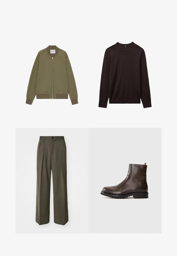 NN.07 DIXON - Bomber stiliaus striukė - capers; Reiss Džemperis - dark bordeaux; Filippa K WIDE TROUSERS - Kelnės - driftwood; Rudos odinės aulinukai iki kulkšnies su lygiu paviršiumi, elastingomis šoninėmis dalimis, užtrauktuku gale ir sunkiu guminėm padu.