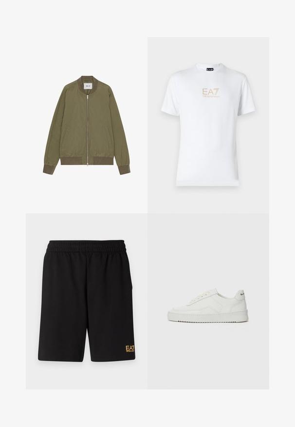 NN.07 DIXON - Bomberjacks - capers; Witte katoenen t-shirt met een ronde halslijn en korte mouwen, voorzien van een gouden EA7 Emporio Armani-logo op de voorkant.; Zwarte sportshorts van zacht materiaal, met een elastische tailleband en een klein geel EA7-logo op de onderste linkeronderbroek.; Witte leren sneaker met een gladde afwerking, ronde neus, platte veters en een gestructureerde zool. Kenmerkt zich door een subtiel logo op de hiel.