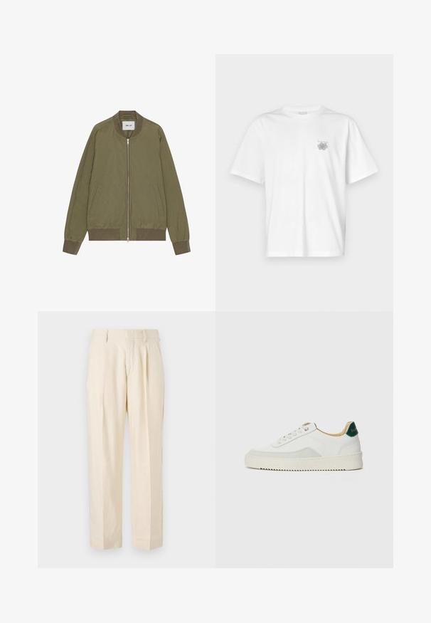 NN.07 DIXON - Bombertakki - capers; Valkoinen puuvillapaita, jossa on lyhyet hihat, pyöreä kaula-aukko ja pieni harmaa logo vasemmassa rintataskussa. Täydellinen sileä rakenne.; NN.07 KAY - Housut - off white; Valkoiset tennarit, joissa on nahkaosia, pyöreä kärki, tasaiset nauhat ja kermaisa kumi-pohja. Takana vihreä brändäys.