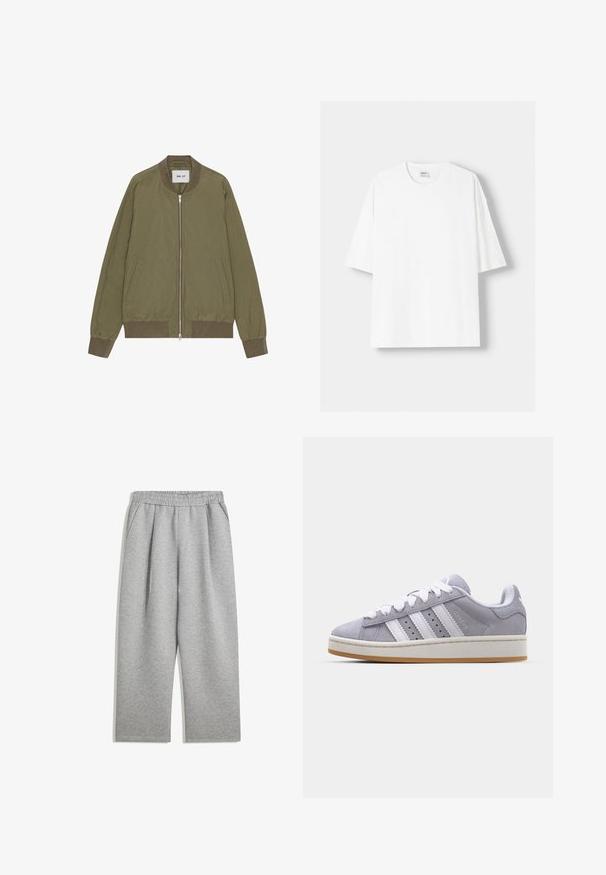 NN.07 DIXON - Bomber Jacket - capers; White short-sleeved t-shirt made from cotton, featuring a round neckline and a relaxed fit. Smooth texture, with no visible patterns or accents.; Light gray sweatpants with elastic waistband and side pockets, straight leg cut, made of soft fabric.; Gray suede sneakers with white stripes, round toe, and rubber sole. Features perforations on the side and textured heel tab.