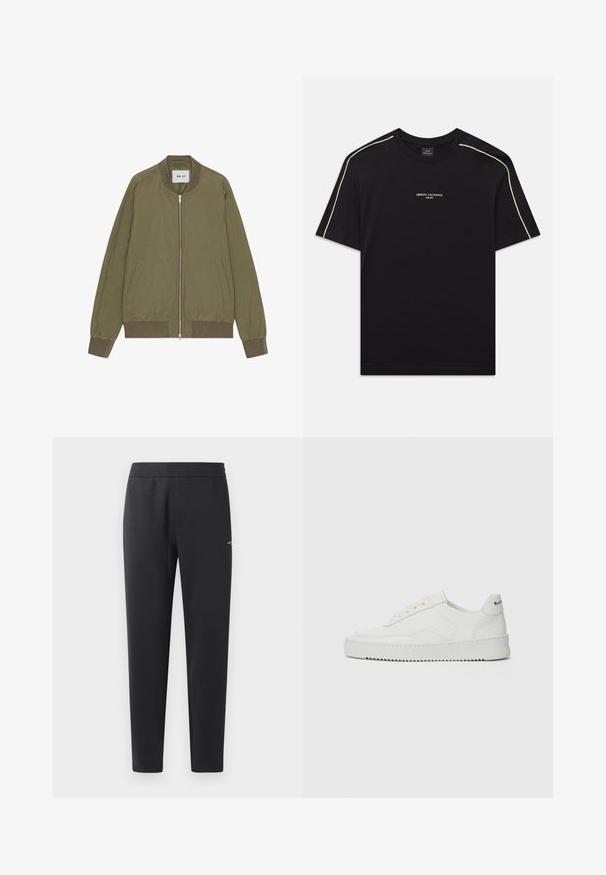 NN.07 DIXON - Bomber-jakk - capers; Must on mustast puuvillane T-särk lühikeste varrukatega, ümmarguse kaelusega, beež aktsentõmblus õlgadel ning ARMANI EXCHANGE logo keskel.; Mustad jogger pants pehmest kangast, millel on elastne vöökoht, sirged sääred ja üks väike logodetail küljel.; Valge nahast tennis, millel on sile põhi, ümar varvas, lamedad nöörid ja tekstuuriline tall. Sisaldab diskreetset logo kontsaribal.